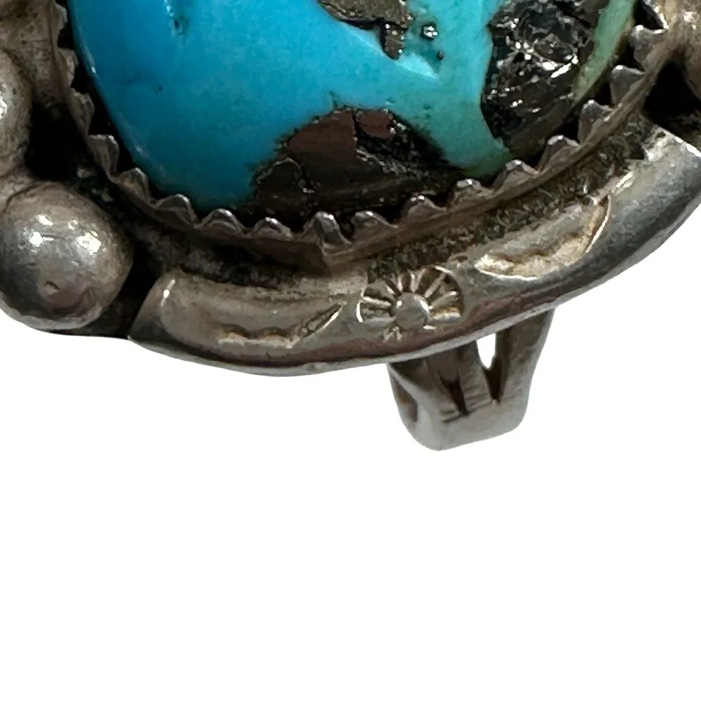 Vintage Navajo Sterling Silver Turquoise Stamped‎ Sunburst Statement Ring